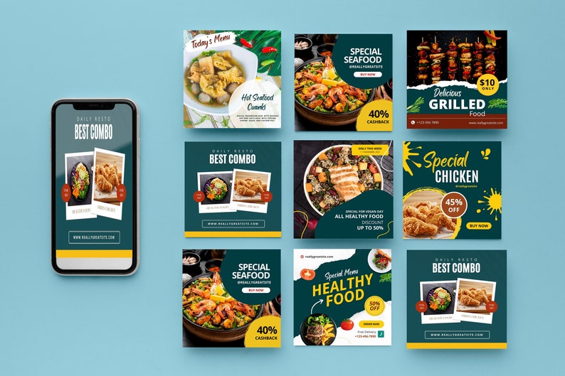 May include: Nine square social media graphics for a restaurant featuring various food items, including seafood, chicken, and grilled food. The graphics feature a green and yellow color scheme with text that includes "Special Seafood", "Special Chicken", "Delicious Grilled Food", and "Best Combo".