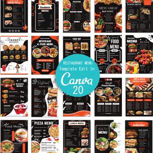 Menú editable de Canva, plantilla de volante de menú de restaurante digital, plantilla de menú de comida, menú de cafetería, descarga instantánea