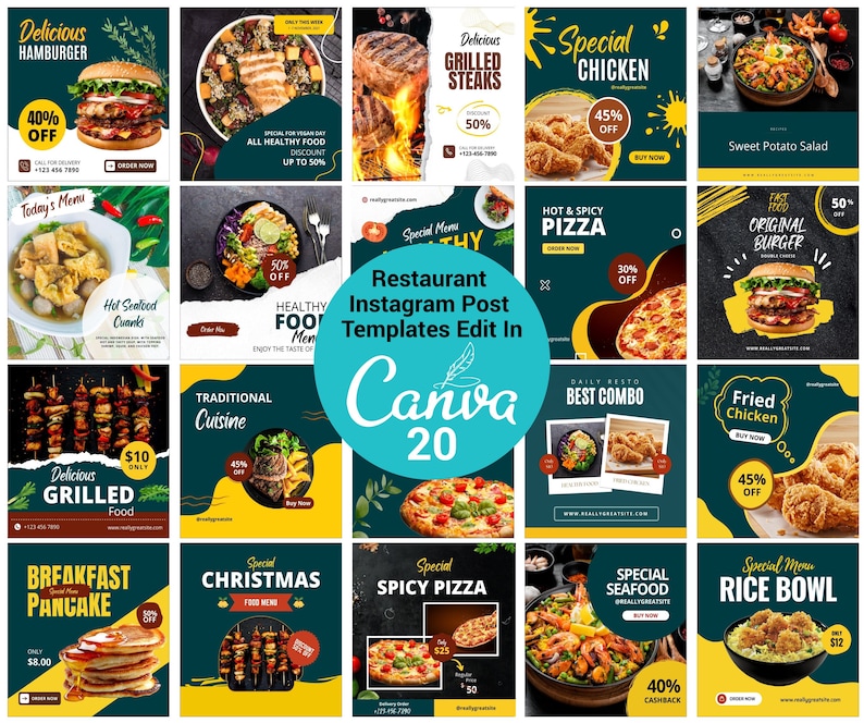 May include: A collection of 20 restaurant Instagram post templates designed in Canva. The templates feature a variety of food items, including burgers, pizza, chicken, and seafood. Each template has a green background with yellow accents and includes text such as "Delicious Grilled Steaks", "Special Chicken", and "Hot & Spicy Pizza".