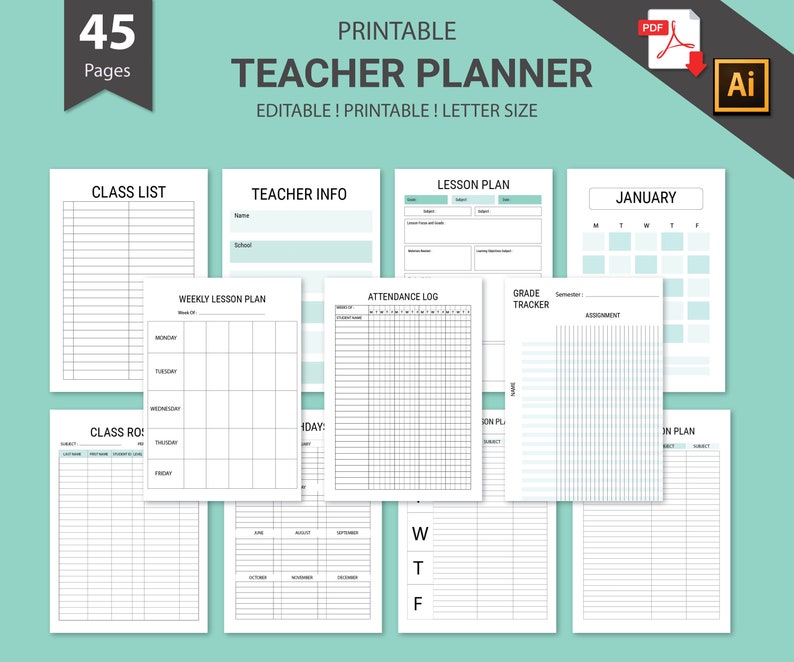 May include: Printable teacher planner with 45 pages. The planner includes pages for class lists, teacher info, lesson plans, attendance logs, grade trackers, and monthly calendars. The planner is editable and printable in letter size.