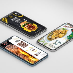 May include: Three smartphone mockups displaying different food items. The first phone shows a burger with the text "Original Burger" and "$5". The second phone shows a grilled steak with the text "Delicious Grilled Steaks". The third phone shows a bowl of soup with the text "Today's Menu" and "Hot & Spicy Noodle".