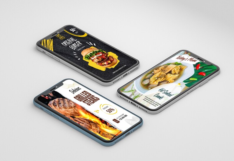 May include: Three smartphone mockups displaying different food items. The first phone shows a burger with the text "Original Burger" and "$5". The second phone shows a grilled steak with the text "Delicious Grilled Steaks". The third phone shows a bowl of soup with the text "Today's Menu" and "Hot & Spicy Noodle".