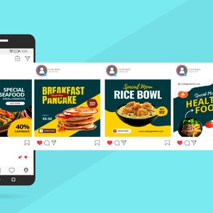 May include: Four Instagram posts advertising different food items. The first post features a seafood dish with shrimp and vegetables in a black bowl. The second post features a stack of pancakes with syrup on top. The third post features a rice bowl with fried chicken and vegetables. The fourth post features a healthy food dish with grilled chicken, vegetables, and a side of rice.