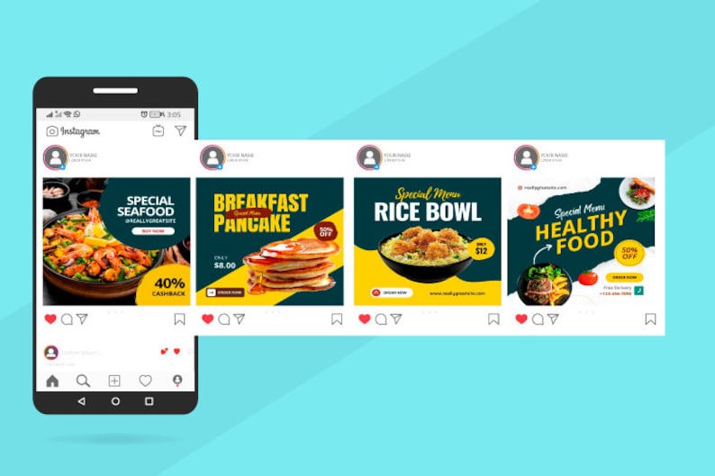 May include: Four Instagram posts advertising different food items. The first post features a seafood dish with shrimp and vegetables in a black bowl. The second post features a stack of pancakes with syrup on top. The third post features a rice bowl with fried chicken and vegetables. The fourth post features a healthy food dish with grilled chicken, vegetables, and a side of rice.