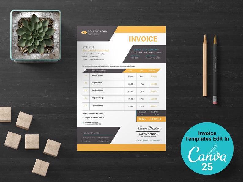 Puede incluir: Una plantilla de factura negra y amarilla con el texto "INVOICE" en un cuadro amarillo. La factura es para el Sr. Daniel Mahmud y el importe total es de 23.378,42 $. La factura es de Aaren Dondon.