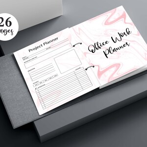 May include: A pink and white marble patterned planner with the text "Office Work Planner" on the cover. The planner has 26 pages and includes a project planner section.
