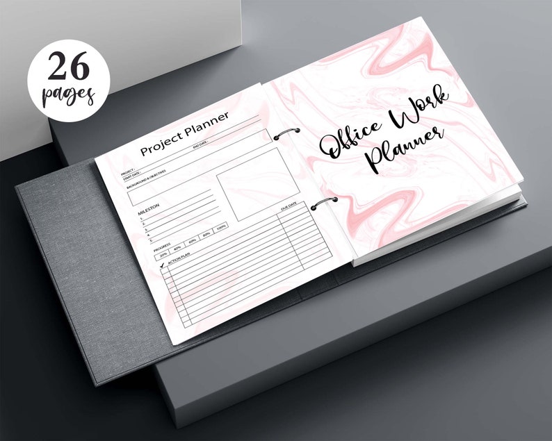 May include: A pink and white marble patterned planner with the text "Office Work Planner" on the cover. The planner has 26 pages and includes a project planner section.