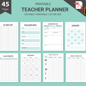 May include: Printable teacher planner with 45 pages. The planner includes sections for class lists, teacher info, lesson plans, birthdays, and weekly lesson plans. The planner also includes a calendar for January.