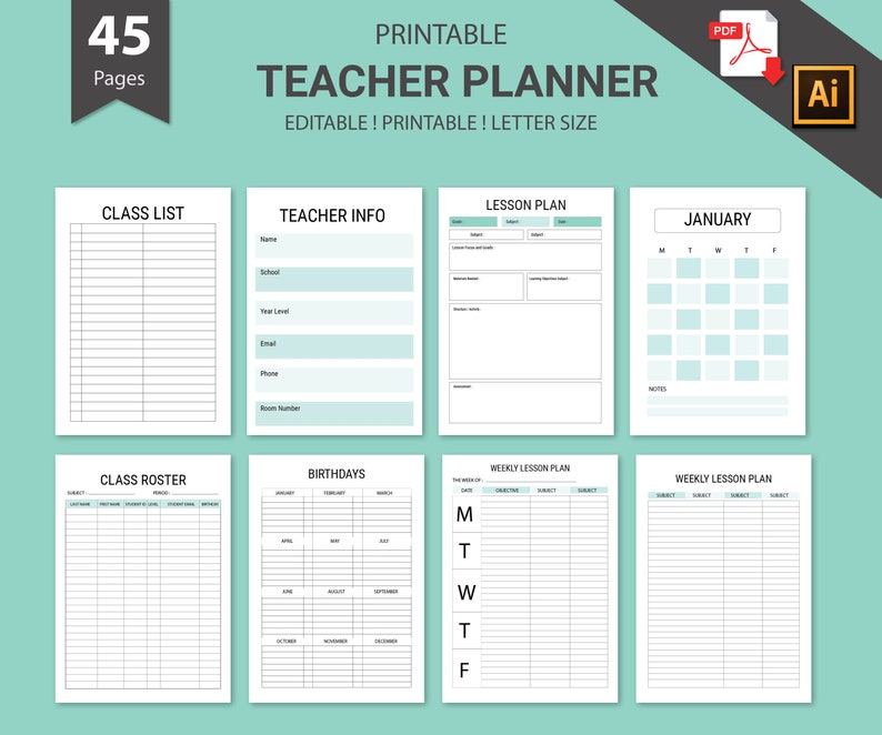 May include: Printable teacher planner with 45 pages. The planner includes sections for class lists, teacher info, lesson plans, birthdays, and weekly lesson plans. The planner also includes a calendar for January.