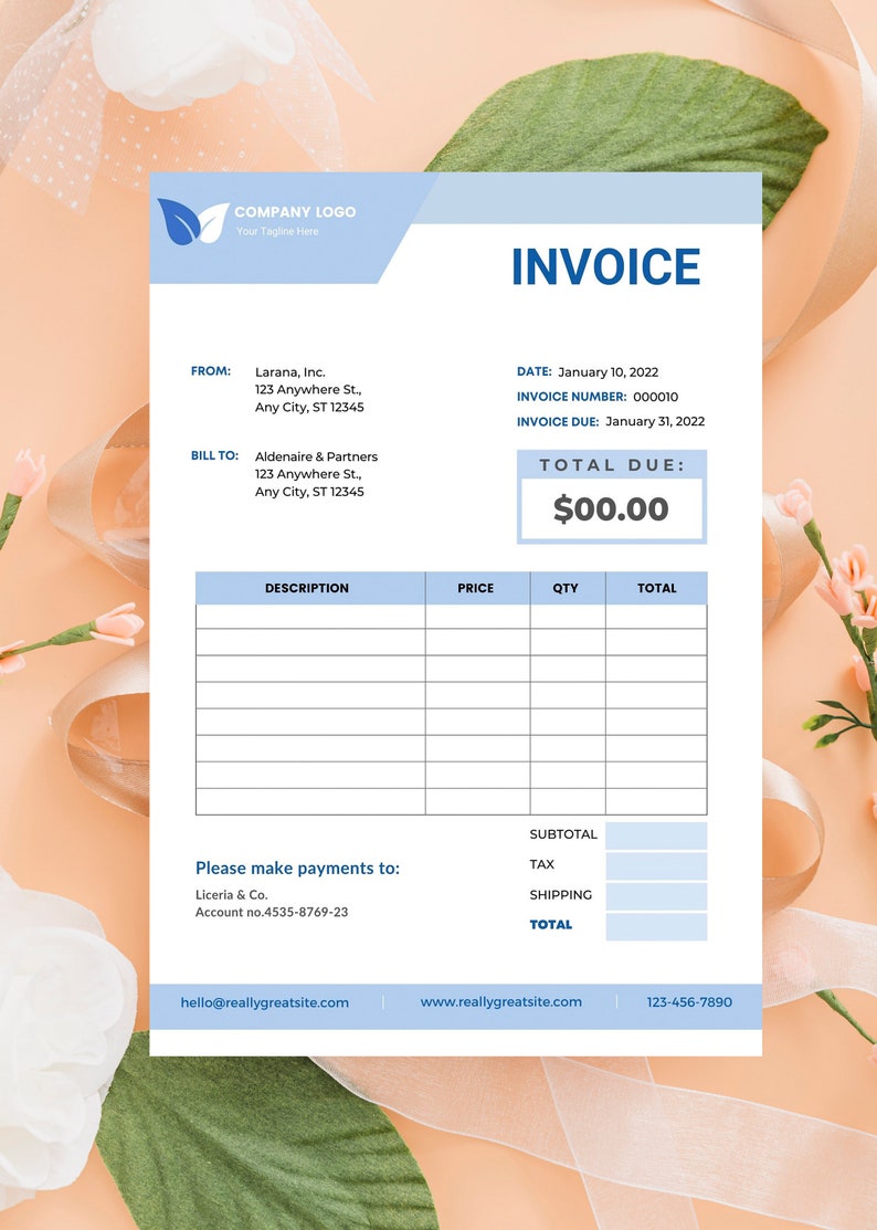 May include: A blue and white invoice template with the text "INVOICE" in bold blue letters. The invoice is dated January 10, 2022, and the invoice number is 000010. The invoice is due on January 31, 2022. The total due is $00.00.