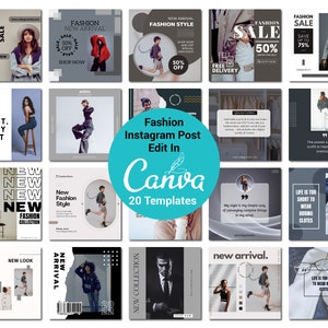 Può includere: Una collezione di 20 modelli di post Instagram per marchi di moda. I modelli presentano una varietà di stili, tra cui minimalista, moderno e colorato. I modelli sono progettati per essere utilizzati con Canva, una popolare piattaforma di progettazione online. Il testo sui modelli include frasi come "Nuovo arrivo", "Sconti moda" e "La vita è troppo breve per indossare vestiti noiosi".