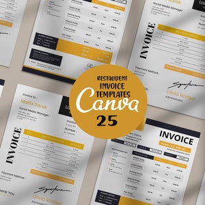 Puede incluir: Un conjunto de 25 plantillas de facturas personalizables para Canva. Las plantillas presentan un dise&ntilde;o moderno con acentos negros y amarillos. El texto "RESTAUDENT INVOICE TEMPLATES Canva 25" se muestra en un c&iacute;rculo amarillo.
