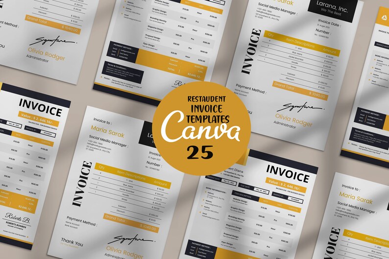 Puede incluir: Un conjunto de 25 plantillas de facturas personalizables para Canva. Las plantillas presentan un dise&ntilde;o moderno con acentos negros y amarillos. El texto "RESTAUDENT INVOICE TEMPLATES Canva 25" se muestra en un c&iacute;rculo amarillo.