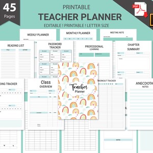 May include: Printable teacher planner with 45 pages. The planner includes sections for weekly and monthly planning, reading lists, password tracking, professional learning, workout tracking, anecdotal notes, and a chapter summary. The cover features a colorful rainbow design with the words "Teacher Planner".