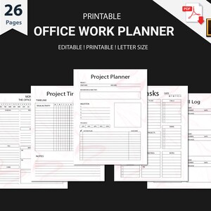 May include: Printable office work planner with 26 pages. The planner includes sections for daily tasks, project timelines, project planning, and call logs. The pages have a marble pattern with pink accents.