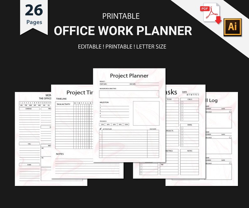 May include: Printable office work planner with 26 pages. The planner includes sections for daily tasks, project timelines, project planning, and call logs. The pages have a marble pattern with pink accents.