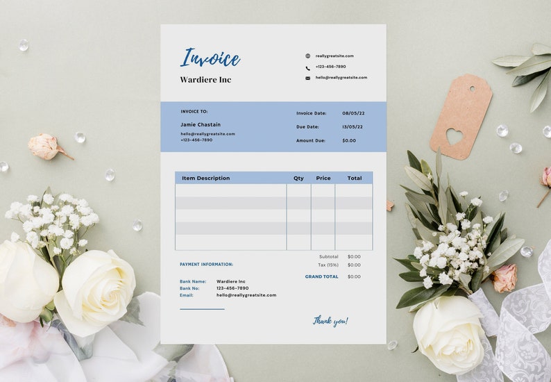 May include: A blue and white invoice template with the text "Invoice" and "Wardiere Inc." at the top. The invoice is for Jamie Chastain and has an invoice date of 08/05/22, a due date of 13/05/22, and an amount due of $10.00.