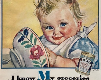 1936 Heinz Strained Baby Foods Print Ad Cute Colorful 14” x 10”