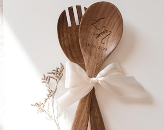 Acacia wood salad servers with engraving | Wedding gift | Personalized | Initials | Individual | Wedding gift | Birthday gift