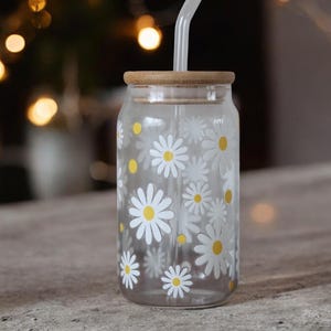Summer glass drinking glass with flower print | Summer glass | Glass straw | Bamboo lid