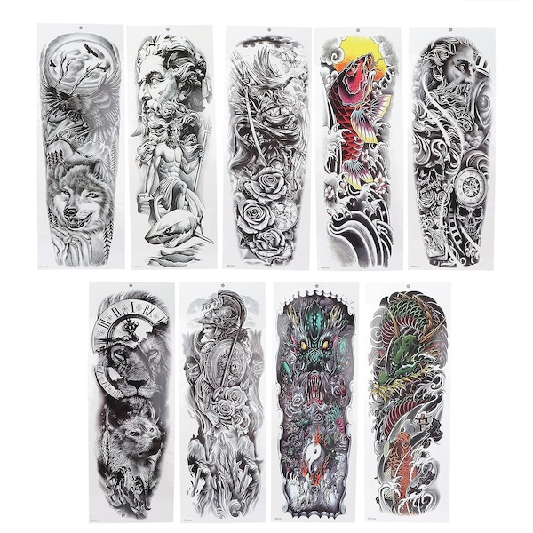 Set of 9 Full Arm Tattoo Sleeves Temporary Large Fake Body Art Arm Chest Shoulder Tattoo Black tattoo Body Stickers for Man Women DIY Craft