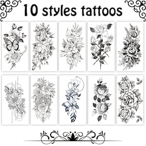 Set of 10 Temporary Tattoos Fake Flower Sticker Semi Permanent Tatuajes Temporales Long Lasting Realistic Flower Snake Waterproof Leg Makeup