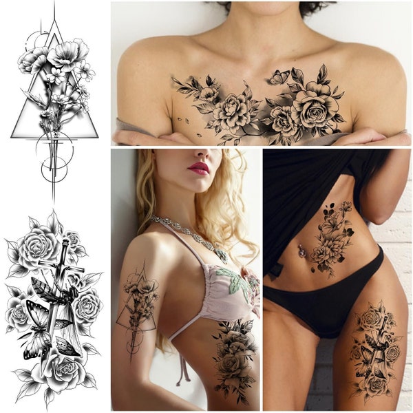 Set of 6 Temporary Tattoos Fake Flower Stickers Semi Permanent Tatuajes Temporales Long Lasting Realistic Flower Snake Waterproof Leg Makeup