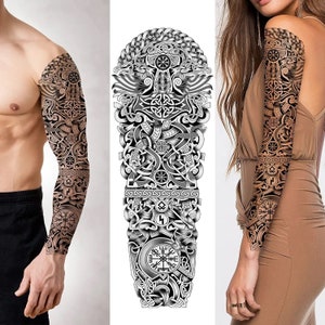 Viking Nordic Compass Medieval Celtic Adult Temporary Tattoo Sleeve Tree of Life Wolves Celtic Gothic Fake Tattoo Cosplay Costume Body Art