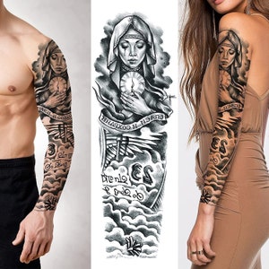 Tattoo Full Arm Temporary 3D Fake Extra Large Body Art With Woman Praying Tattoo Sleeve Arm Leg Shoulder Body Art Fashion Easy to DIY Crafts