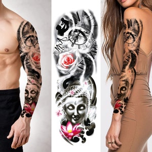 May include: Black and white temporary tattoo design featuring a Buddha face, a rose, and a clock with Roman numerals. The tattoo is designed to be applied to the arm.