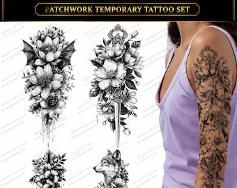 Black Floral Temporary Tattoos – Unique Body Art Designs (15 Sheets)