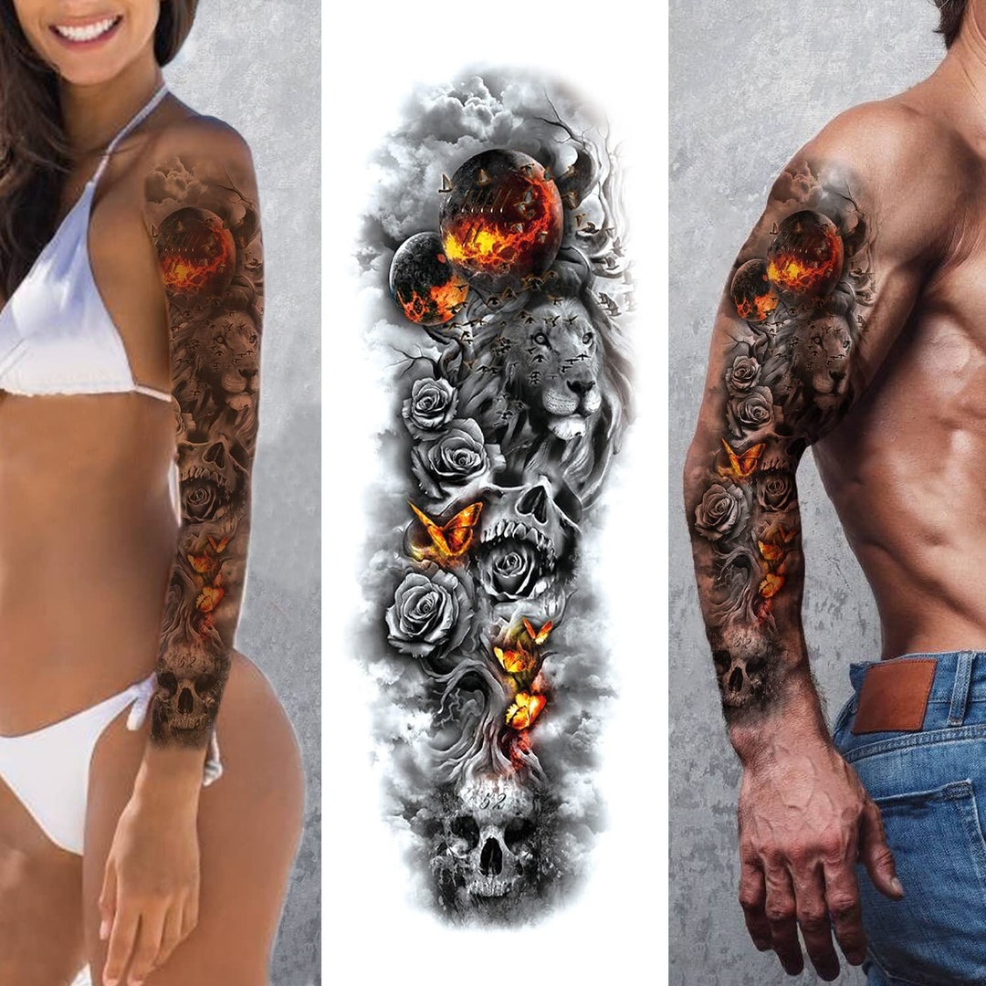 Full Arm Temporary Tattoo Extra Large Long Lasting Waterproof Lion Rose Tattoo Sleeve for Arms