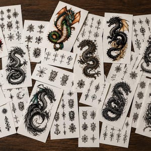 May include: A collection of temporary tattoo sheets featuring dragon designs in various styles and colors. Some dragons are black and gray, while others have green, red, and gold accents. Additional sheets include small, decorative symbols.