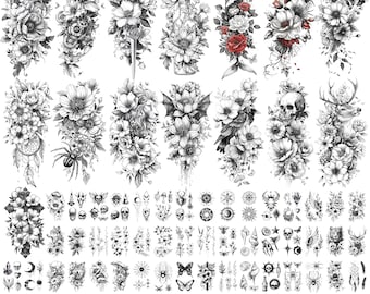 Black Floral Temporary Tattoos – Unique Body Art Designs (15 Sheets)