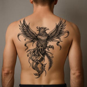 Phoenix Rebirth Full Back Tattoo Design | Rising Phoenix Blackwork Flash | Sacred Bird Printable Spiritual Tattoo Art Instant Download