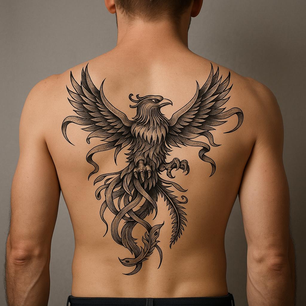 Phoenix Rebirth Full Back Tattoo Design | Rising Phoenix Blackwork Flash | Sacred Bird Printable Spiritual Tattoo Art Instant Download