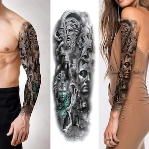 May include: A black and white temporary tattoo sleeve design featuring a variety of mythological figures, including Medusa, a Greek god, and a winged creature. The tattoo design is detailed and intricate, with a realistic style.