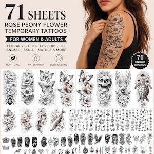 May include: 71 sheets of temporary tattoos featuring rose, peony, and other floral designs, butterflies, and animal illustrations. The tattoos are non-toxic, waterproof, and long-lasting. Includes 71 unique designs.
