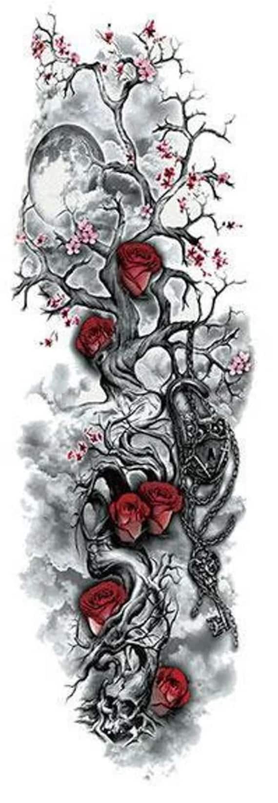 Cherry Blossom Rose Skull Temporary Tattoo - Full Sleeve Waterproof Body Art