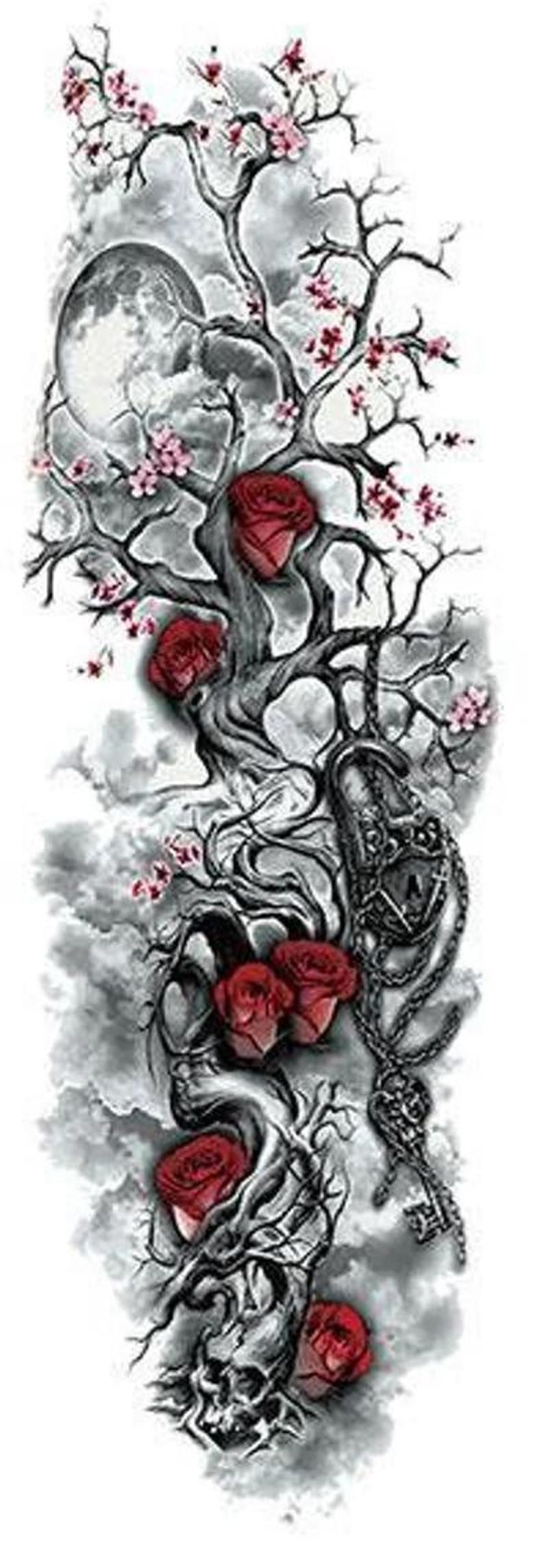 Cherry Blossom Rose Skull Chains Temporary  Full Sleeve Tattoo – 17x6.7" Pain-Free Body Art Lasts 10–25 Days  Non-Toxic Waterproof Transfer
