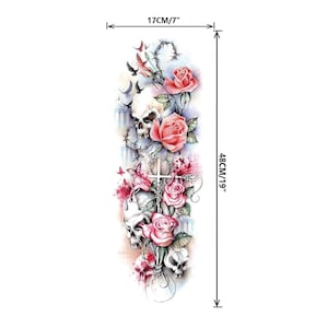 Rose Requiem Gothic Skull & Roses Arm Sleeve Temporary Tattoo – 19x7 in Large Realistic Fake Tattoo for Women and Men Waterproof Bold Design