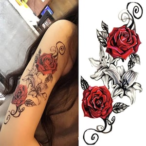 Red Rose & Vines Temporary Tattoo Set, Realistic Floral Stickers
