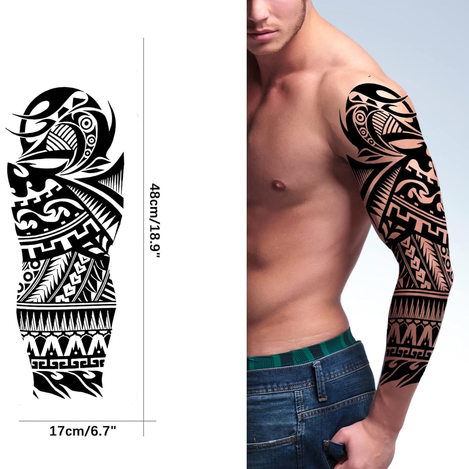 Polynesian Tribal Arm Sleeve Tattoos: Realistic Blackwork Maori Body ...