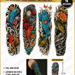 Handcrafted Temporary Tattoo Sleeve Set – Lion Leopard Wolf Forest Blackwork Animal Tattoos 4pc DIY Craft Supplies