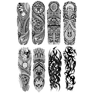 8 Full Arm Temporary Tattoos Large 19x7 Inch Waterproof Tribal, Viking, Polynesian, Norse, Skull, Animal Design Festival Cosplay Body Art
