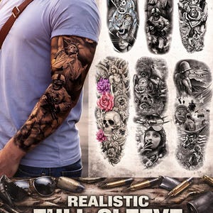 May include: A person with a detailed full sleeve temporary tattoo featuring a Statue of Liberty and a soldier. The image also displays various temporary tattoo designs with military, floral, and skull themes. The text reads "Realistic Full Sleeve Temporary Tattoos."