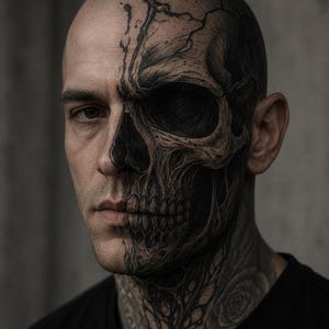 May include: A portrait of a person with a detailed black ink tattoo covering the left side of the face and head. The tattoo depicts a realistic skull design with intricate shading, extending down the neck and featuring subtle floral patterns.