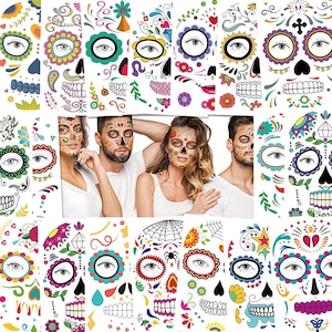 Sugar Skull, Day of Dead Face Tattoos, Temporary Halloween Tattoos Set of 18 Realistic Waterproof Fake Tattoos Can Also Use for DIY Crafting