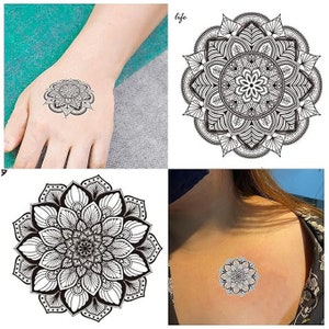 53 BLACK TATTOOS Large Mandala Flowers Art Stickers Full Arm Organic, Waterproof Long Lasting, Feather, Lion, Butterfly, Tiger Body Make Up