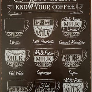Vintage Coffee Menu Sign Metal Coffee Tin Sign for Home Kitchen Shop Coffee Bar Art Portrait Garden Retro Vintage Man Cave Wall Decor 8x12&quot;